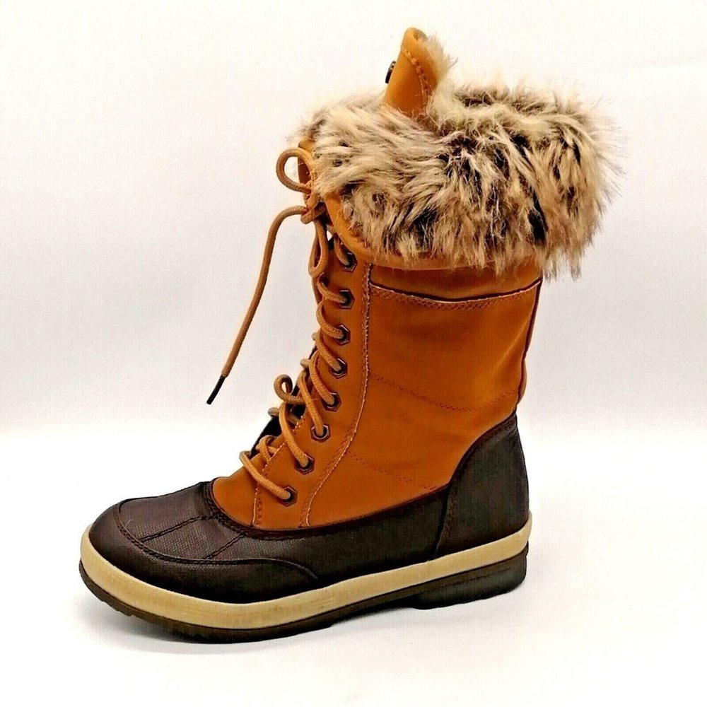 Lane Bryant Womens Duck Work Boots Brown Faux Fur Lining Lace Up Round Toe 8W